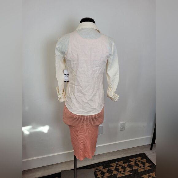 Women's XS Outfit Ribknit Bodycon Dress Linen Button Waist Tie Shirt Pink White - Picture 6 of 14